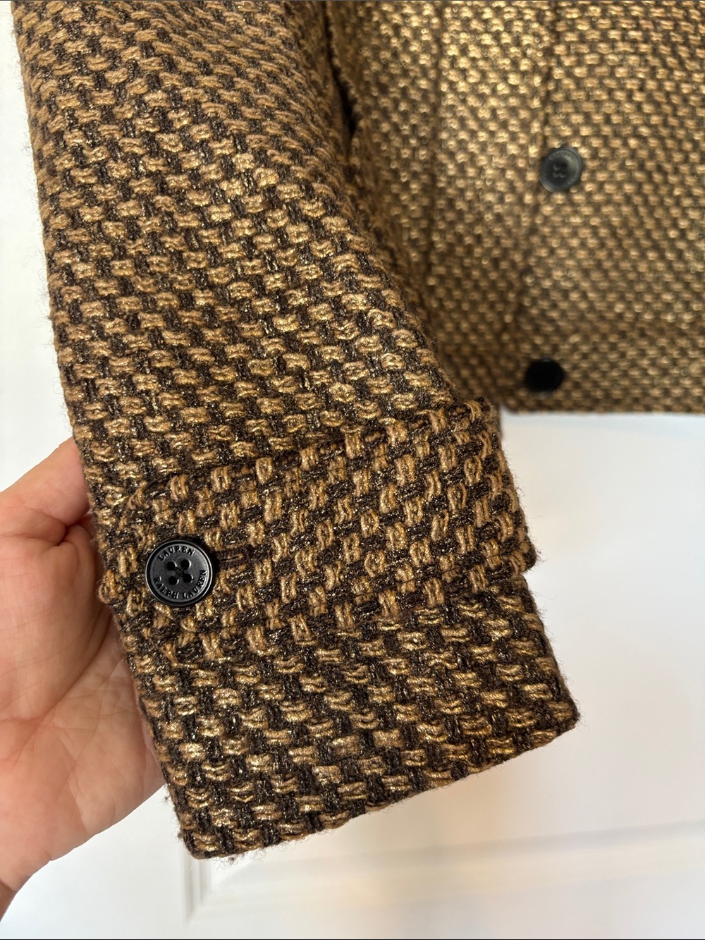 Lauren Ralph Lauren Brown Tweed Cropped Button Jacket - Picture 5 of 7